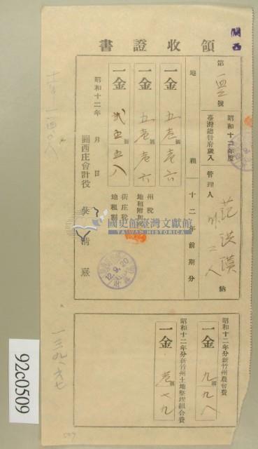 昭和十二年范洪漢繳納地租領收証藏品圖，第2張