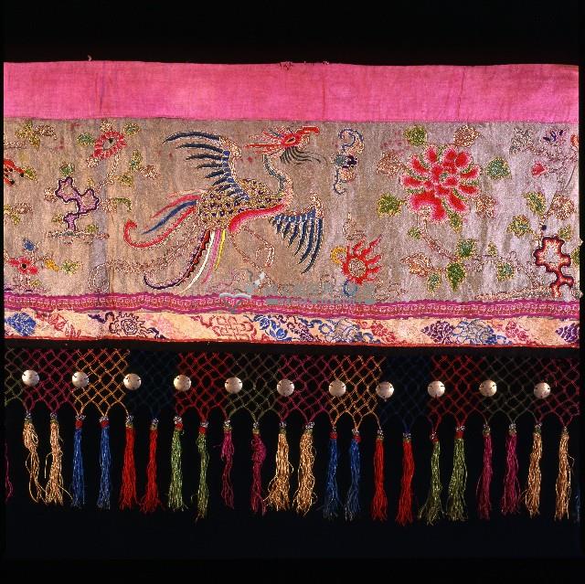 雙鳳牡丹橄欖綠絲緞床簾藏品圖，第2張