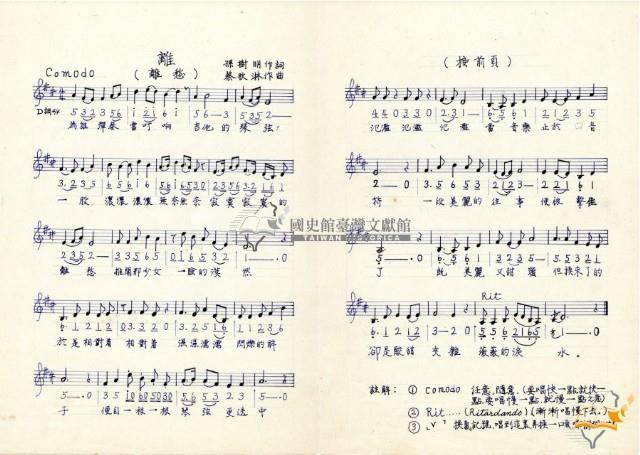 野餐伴奏譜等多種蔡秋淋作樂譜藏品圖，第12張