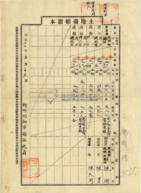 大正十二年陳瑚等土地臺帳謄本藏品圖，第6張