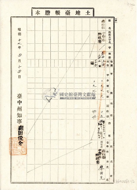 昭和十七年廖田元土地臺帳謄本藏品圖，第1張