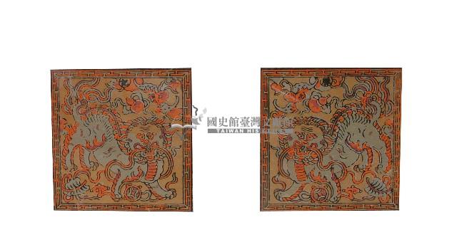 雙獅戲球屏堵有框版畫藏品圖，第2張