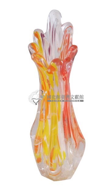 紅黃彩花口細頸玻璃花瓶藏品圖，第2張
