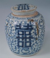 青花雙喜連蓋罐	 	藏品圖，第1張