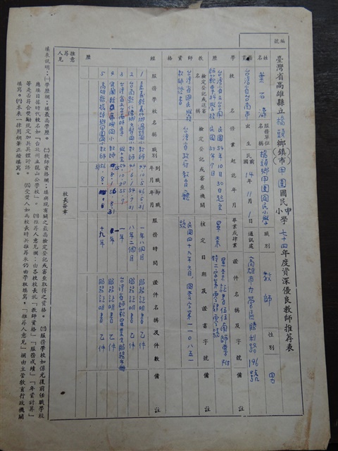 台灣省高雄縣立橋頭鄉甲圍國小七十四學年度資良教師推薦表的圖片