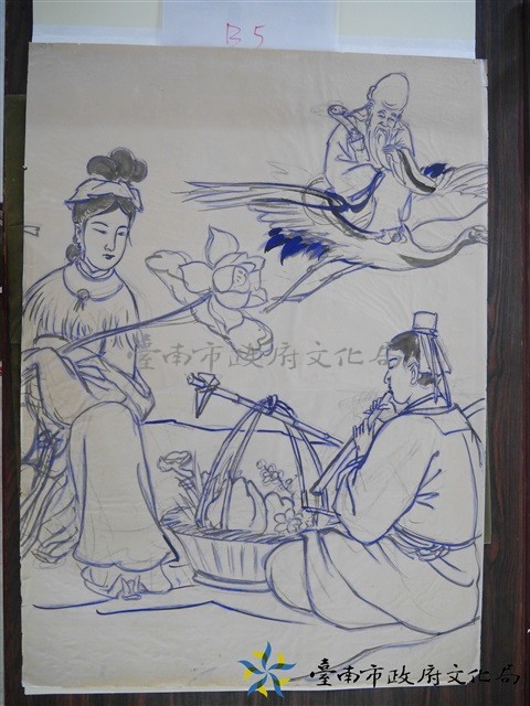 王保原司傅描繪蔡草如圖案之畫稿(南極仙翁、何仙姑、韓湘子)藏品圖，第1張