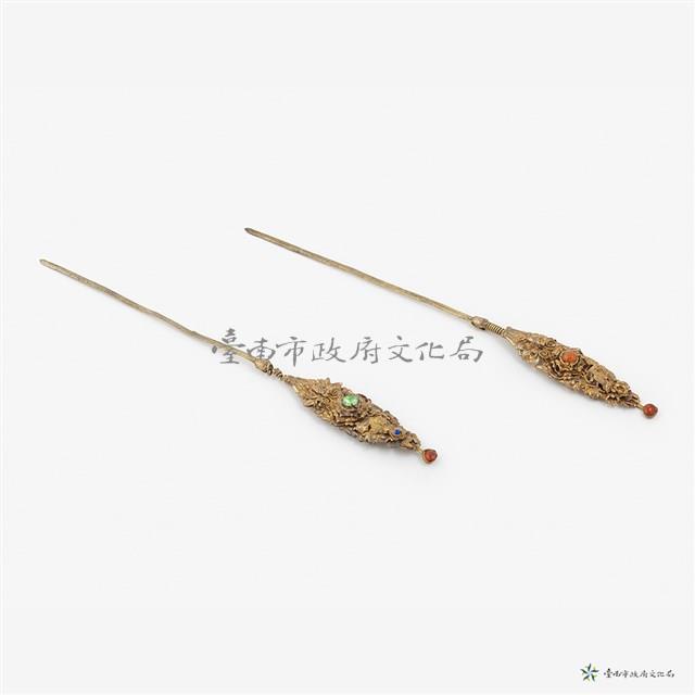 銀鑲寶石花草髮簪藏品圖，第1張