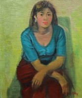 坐姿的藍衣紅裙少婦藏品圖，第1張