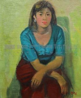 坐姿的藍衣紅裙少婦藏品圖，第1張