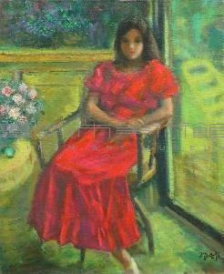 著紅色洋裝的坐姿少女藏品圖，第1張