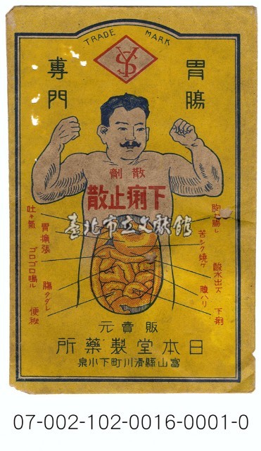 日本富山縣日本堂製藥所製作進口藥散寄藥包紙袋藏品圖，第1張
