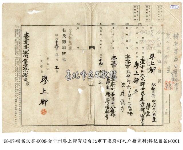 轉寄留申請書藏品圖，第1張