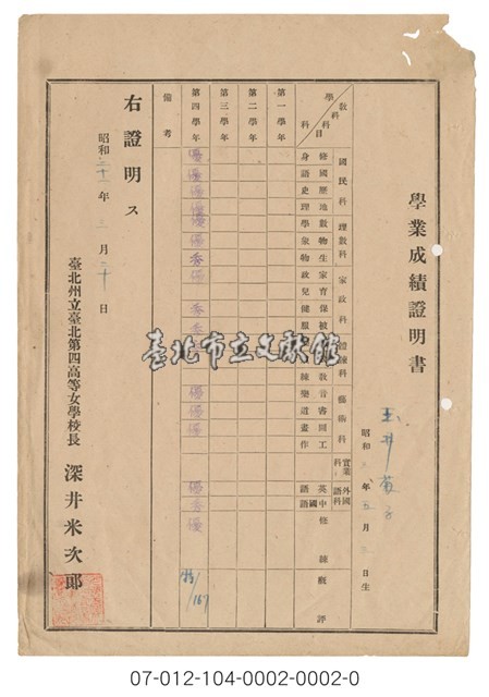 臺灣省立臺北第四女子中學 修了證明書及學業成績證明藏品圖，第1張