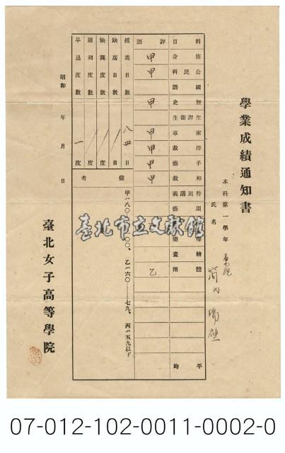 臺北女子高等學院學業成績通知書藏品圖，第1張