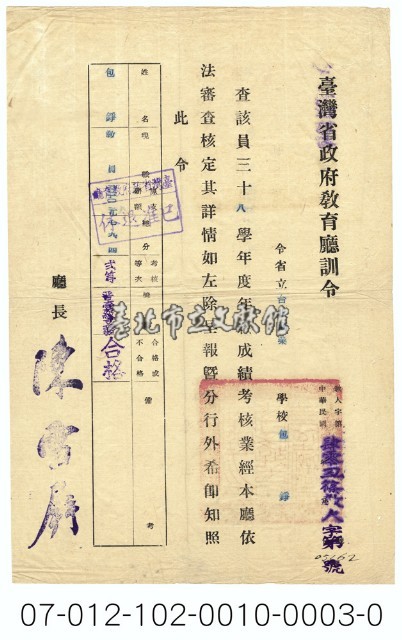 臺灣省政府教育廳訓令藏品圖，第1張