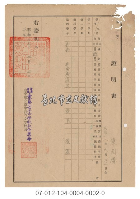 臺中市立女子職業學校成績證明書(臺灣省立臺中第一女子中學校成績證明書)藏品圖，第1張