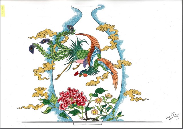 牡丹鳳凰橄欖瓶展開圖稿的圖片