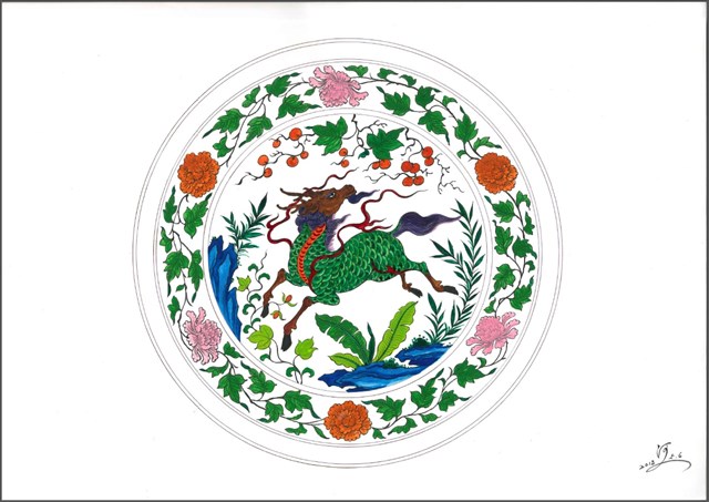 牡丹麒麟盤圖稿的圖片