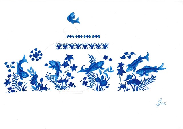 青花魚藻紋球瓶展開圖稿的圖片