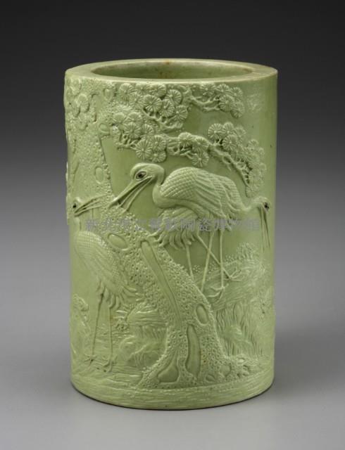Yellow Glaze Carved Porcelain Pine and Crane Brush Cup Collection Image