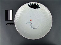 青花桃紅彩鶴紋盤藏品圖，第1張